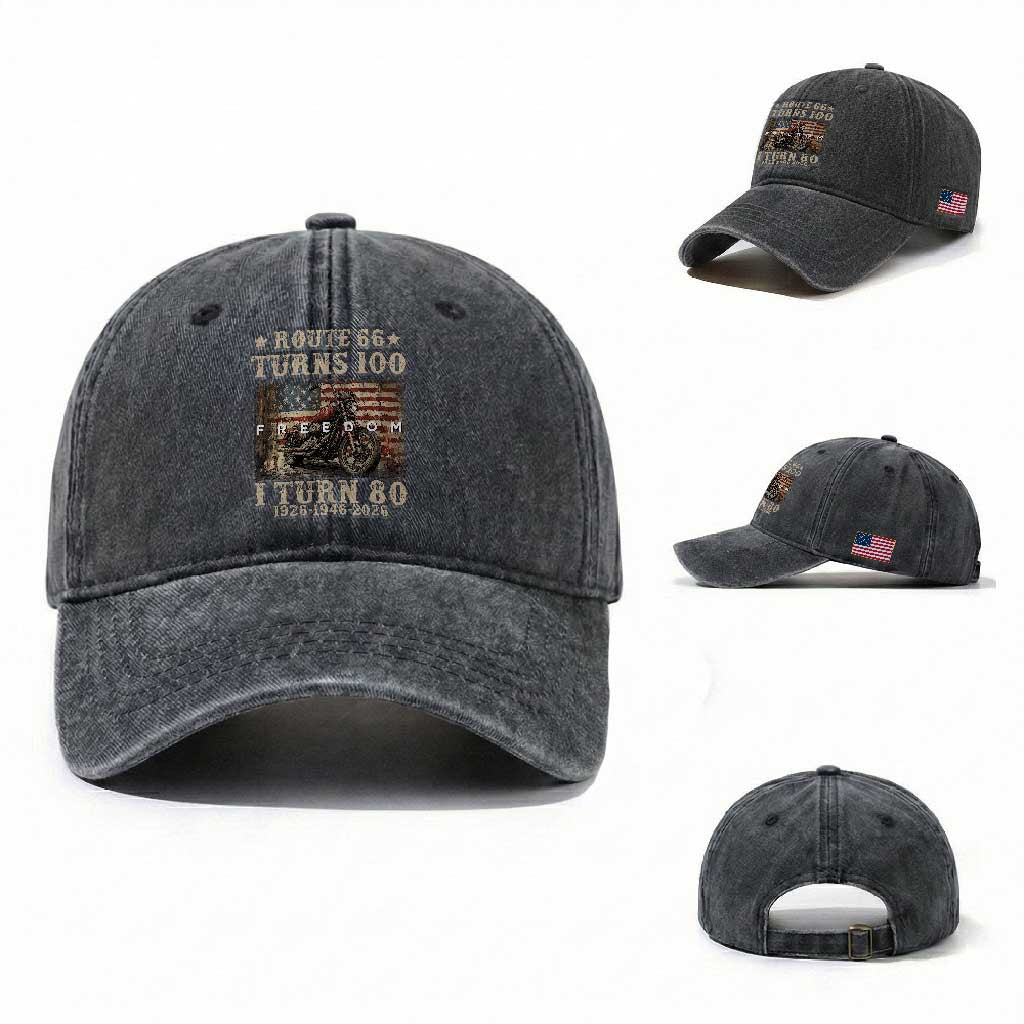 Route Highway 66 Turns 100 I Turn 80 Washed Cotton Baseball Cap Vintage 1946 American Freedom Motorcycle Lover 80th Birthday Gift