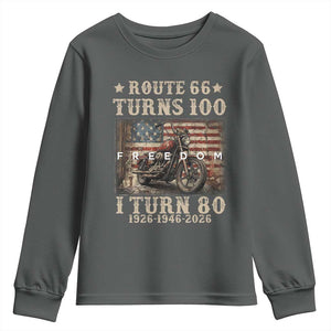 Route Highway 66 Turns 100 I Turn 80 Youth Sweatshirt Vintage 1946 American Freedom Motorcycle Lover 80th Birthday Gift