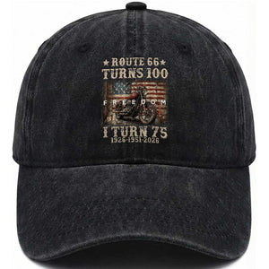 Route Highway 66 Turns 100 I Turn 75 Washed Cotton Baseball Cap Vintage 1951 American Freedom Motorcycle Lover 75th Birthday Gift
