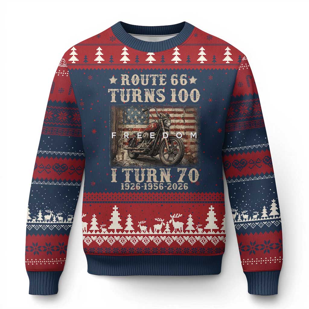 Route Highway 66 Turns 100 I Turn 70 Ugly Christmas Sweater Vintage 1956 American Freedom Motorcycle Lover 70th Birthday Gift TS14 Navy Red Print Your Wear