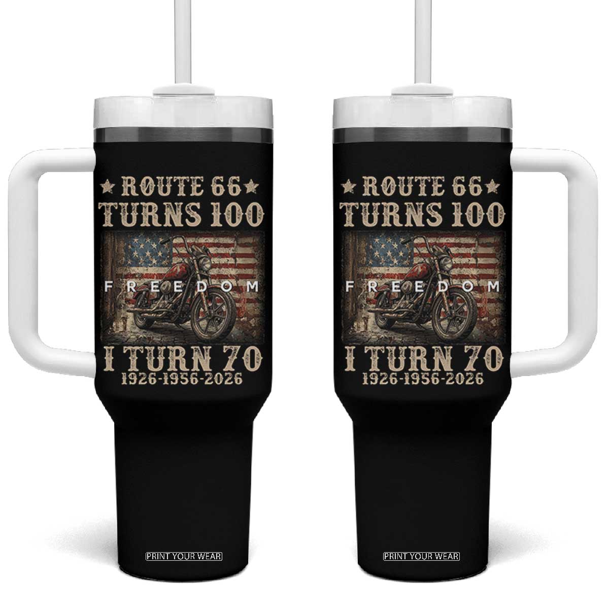 Route Highway 66 Turns 100 I Turn 70 Tumbler With Handle Vintage 1956 American Freedom Motorcycle Lover 70th Birthday Gift