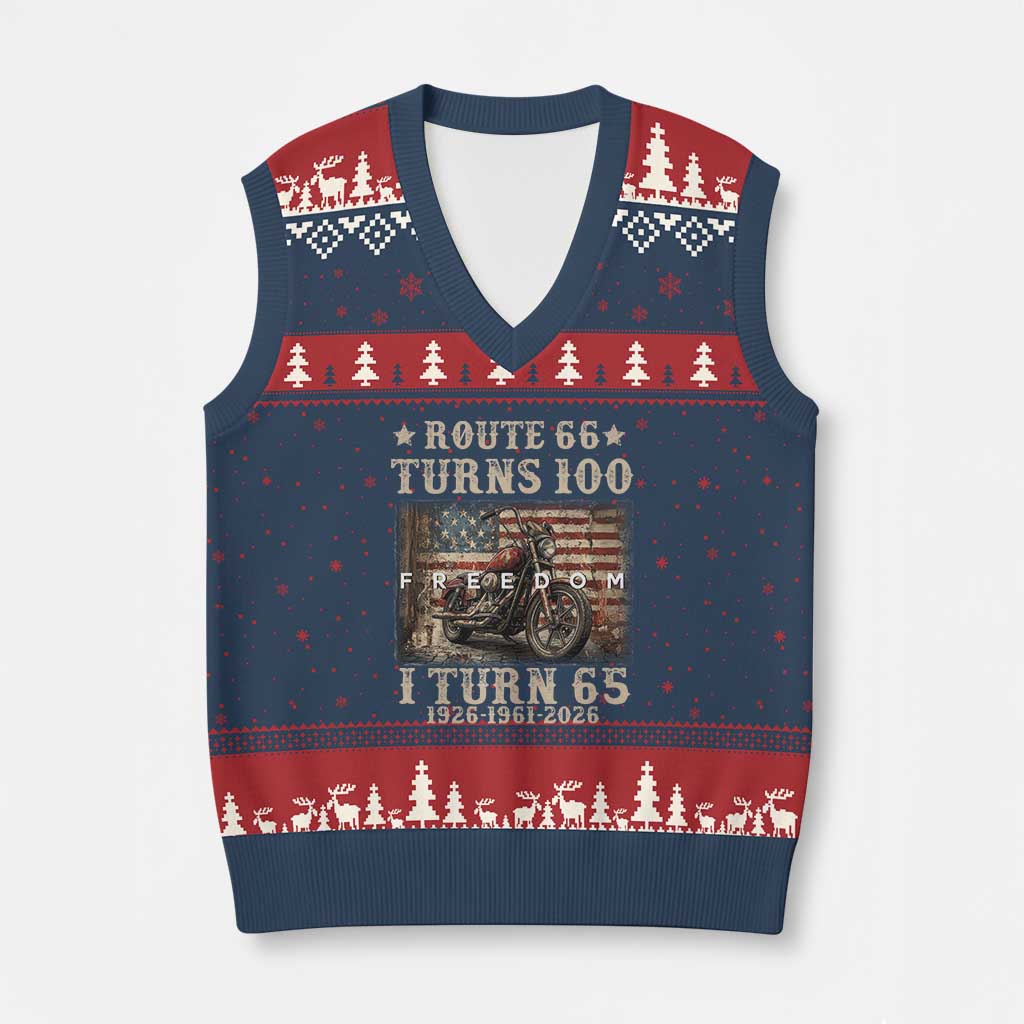 Route Highway 66 Turns 100 I Turn 65 V-Neck Knit Sweater Vest Vintage 1961 American Freedom Motorcycle Lover 65th Birthday Gift