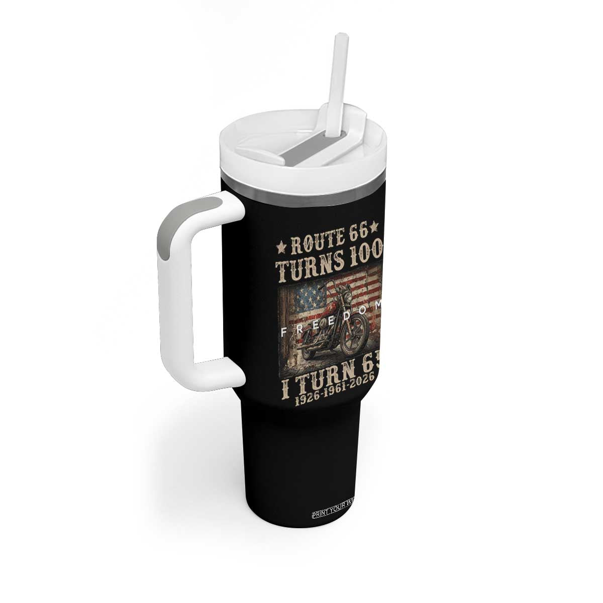 Route Highway 66 Turns 100 I Turn 65 Tumbler With Handle Vintage 1961 American Freedom Motorcycle Lover 65th Birthday Gift