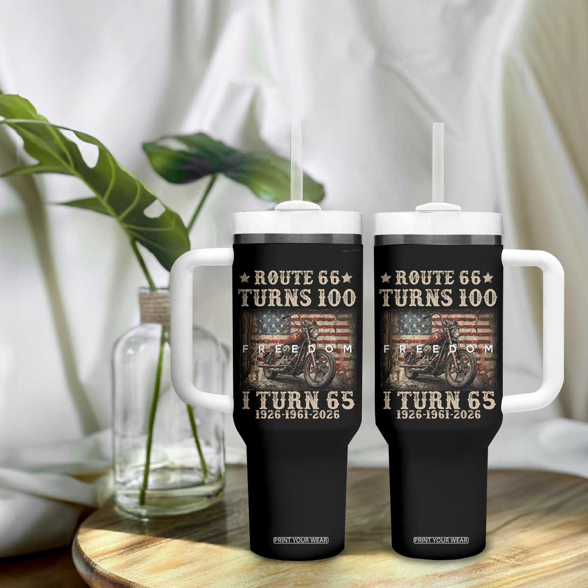Route Highway 66 Turns 100 I Turn 65 Tumbler With Handle Vintage 1961 American Freedom Motorcycle Lover 65th Birthday Gift