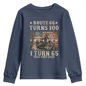Route Highway 66 Turns 100 I Turn 65 Youth Sweatshirt Vintage 1961 American Freedom Motorcycle Lover 65th Birthday Gift