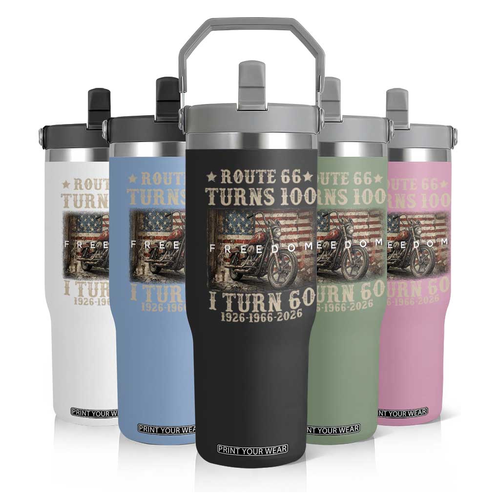 Route Highway 66 Turns 100 I Turn 60 Flip Straw Tumbler Vintage 1966 American Freedom Motorcycle Lover 60th Birthday Gift