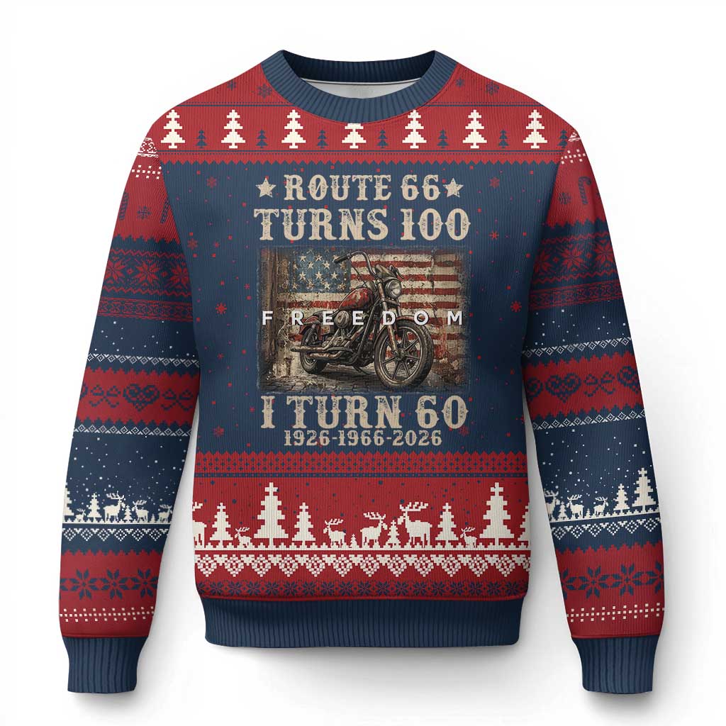 Route Highway 66 Turns 100 I Turn 60 Ugly Christmas Sweater Vintage 1966 American Freedom Motorcycle Lover 60th Birthday Gift