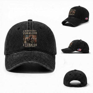 Route Highway 66 Turns 100 I Turn 60 Washed Cotton Baseball Cap Vintage 1966 American Freedom Motorcycle Lover 60th Birthday Gift