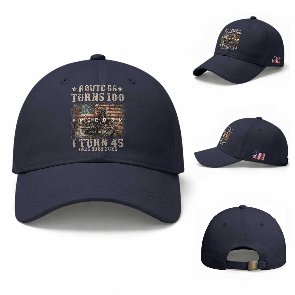 Route Highway 66 Turns 100 I Turn 45 Baseball Cap Vintage 1981 American Freedom Motorcycle Lover 45th Birthday Gift