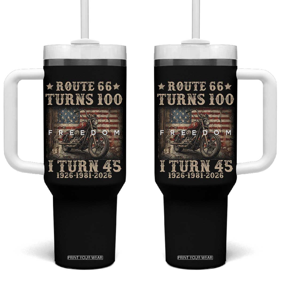 Route Highway 66 Turns 100 I Turn 45 Tumbler With Handle Vintage 1981 American Freedom Motorcycle Lover 45th Birthday Gift