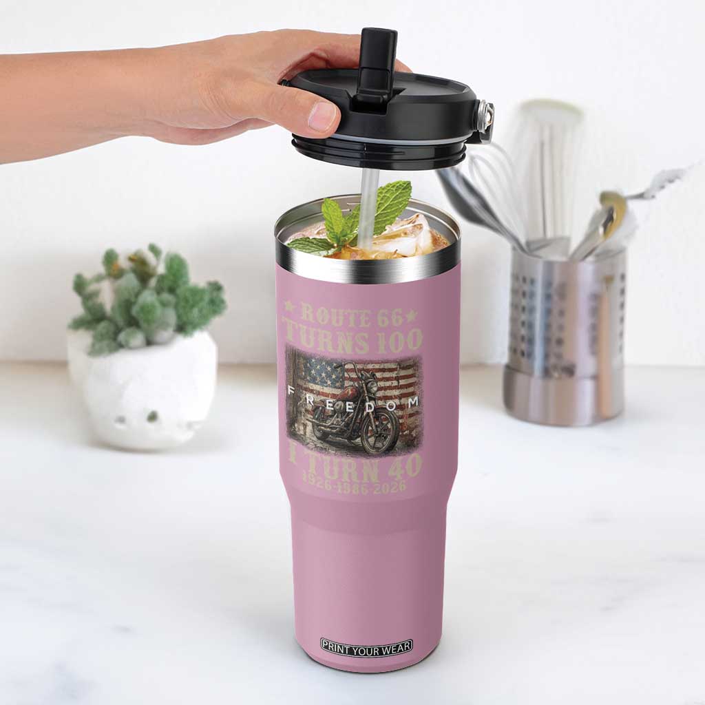 Route Highway 66 Turns 100 I Turn 40 Flip Straw Tumbler Vintage 1986 American Freedom Motorcycle Lover 40th Birthday Gift