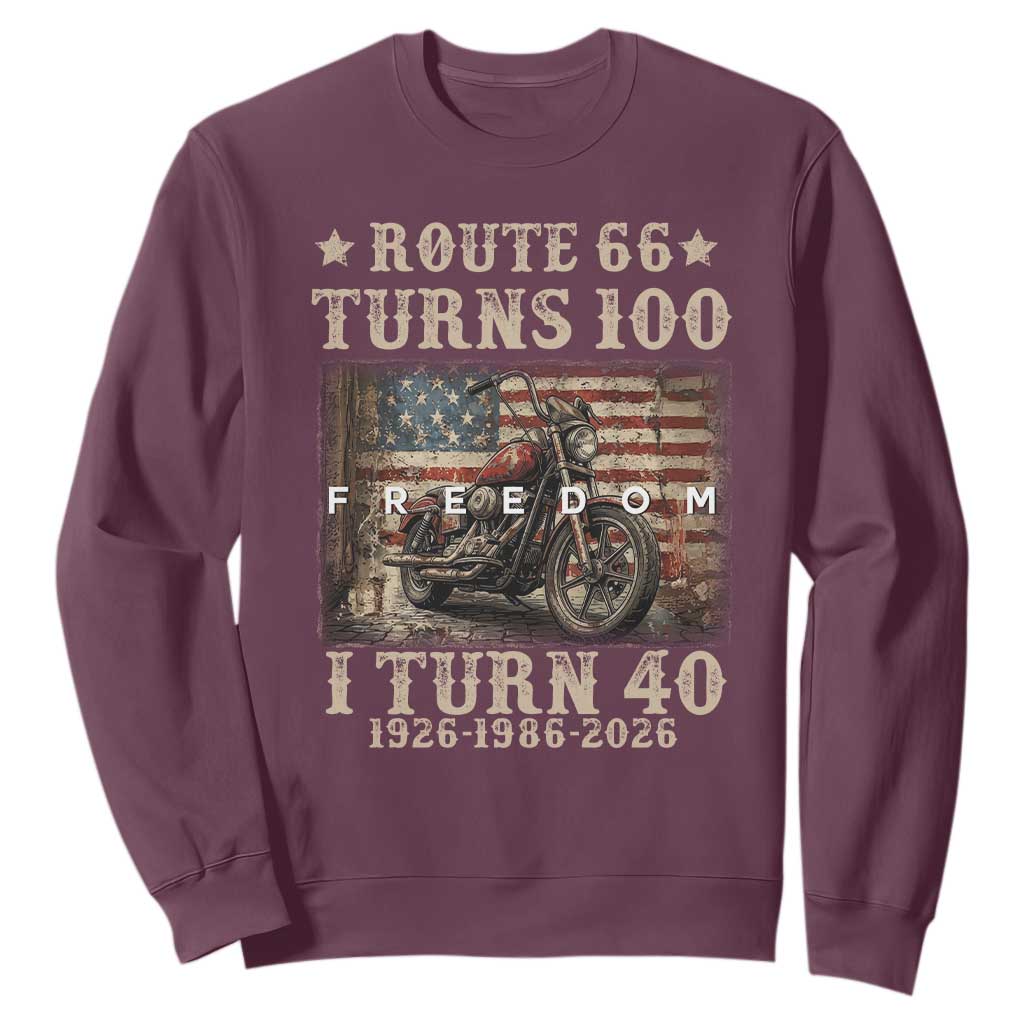 Route Highway 66 Turns 100 I Turn 40 Sweatshirt Vintage 1986 American Freedom Motorcycle Lover 40th Birthday Gift