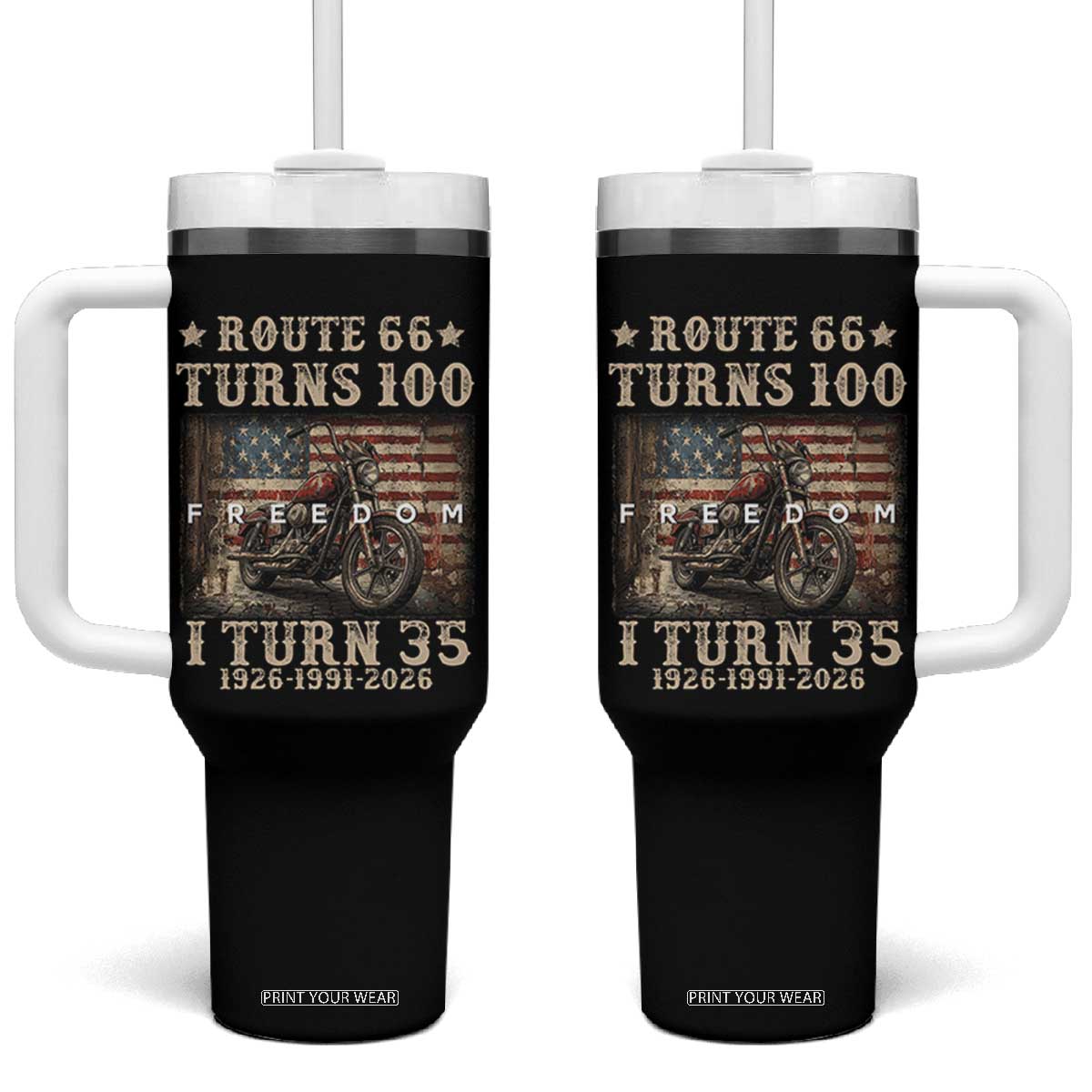 Route Highway 66 Turns 100 I Turn 35 Tumbler With Handle Vintage 1991 American Freedom Motorcycle Lover 35th Birthday Gift