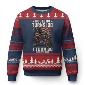 Route Highway 66 Turns 100 I Turn 80 Ugly Christmas Sweater Vintage 1946 American Classic V-Twin Motorcycle Lover 80th Birthday Gift