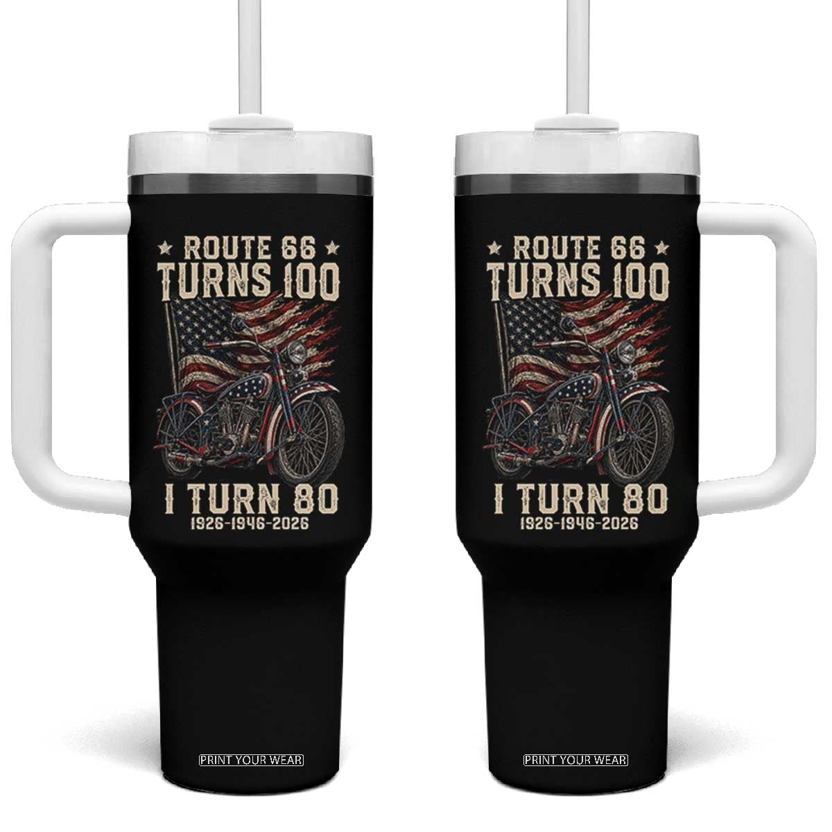 Route Highway 66 Turns 100 I Turn 80 Tumbler With Handle Vintage 1946 American Classic V-Twin Motorcycle Lover 80th Birthday Gift