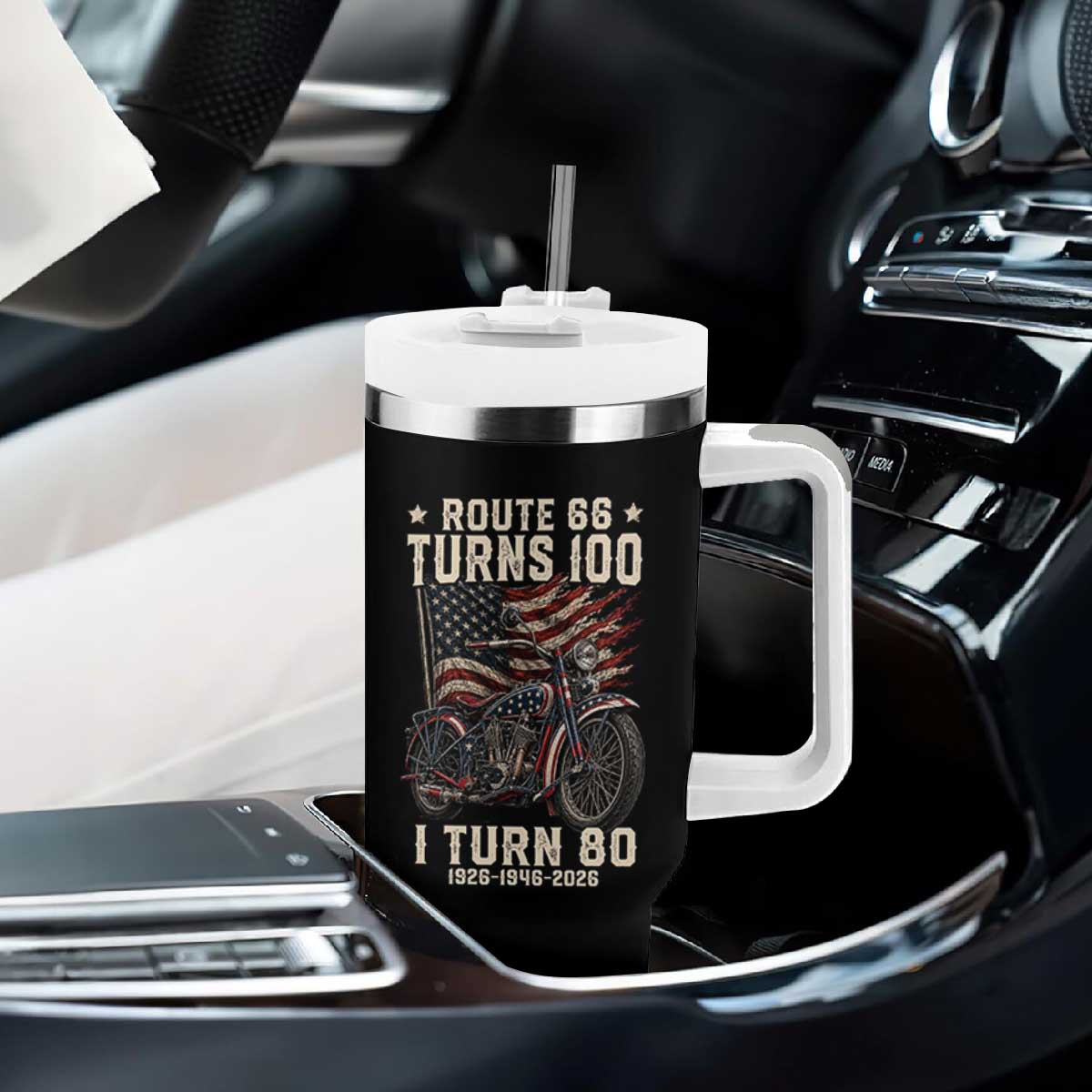 Route Highway 66 Turns 100 I Turn 80 Tumbler With Handle Vintage 1946 American Classic V-Twin Motorcycle Lover 80th Birthday Gift