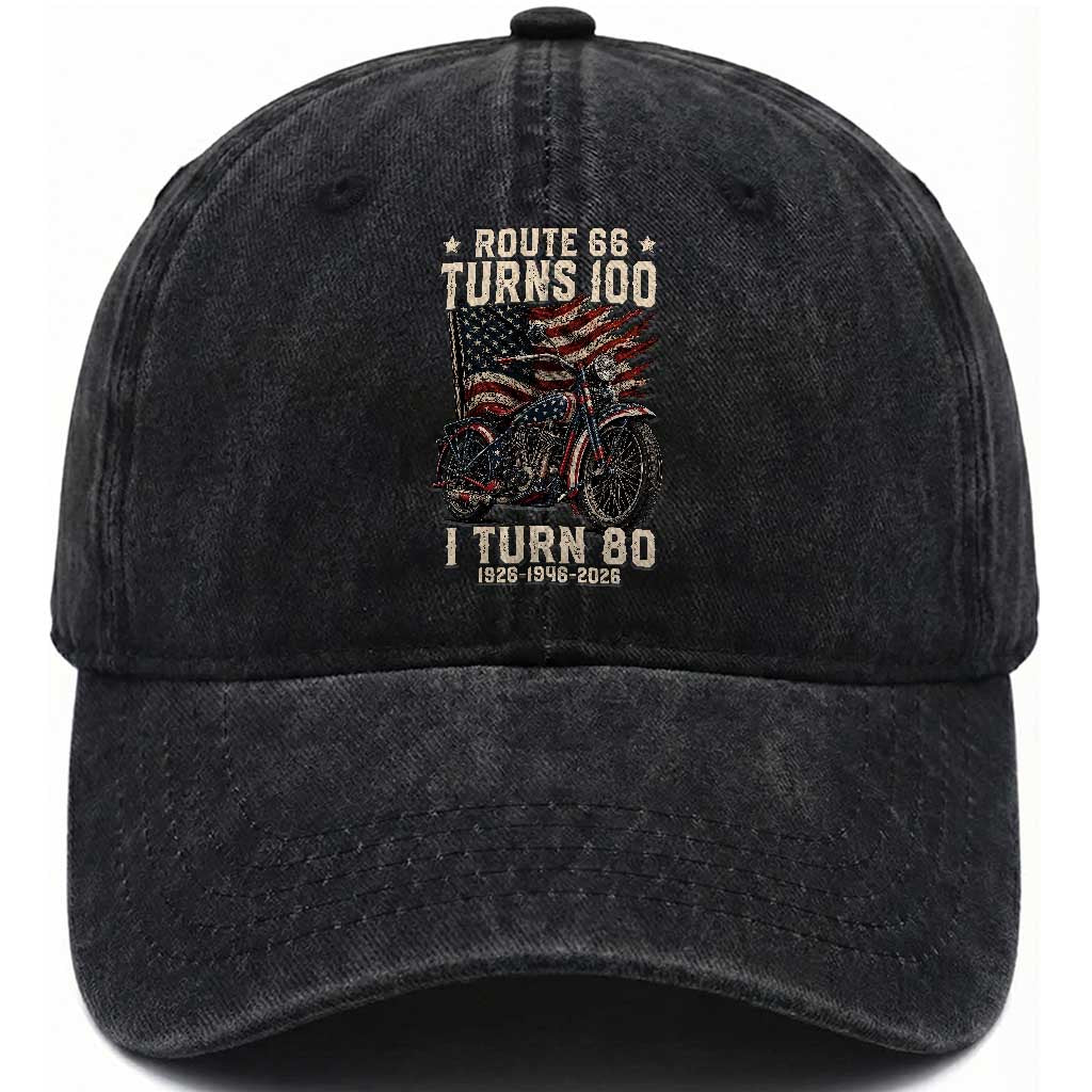 Route Highway 66 Turns 100 I Turn 80 Washed Cotton Baseball Cap Vintage 1946 American Classic V-Twin Motorcycle Lover 80th Birthday Gift