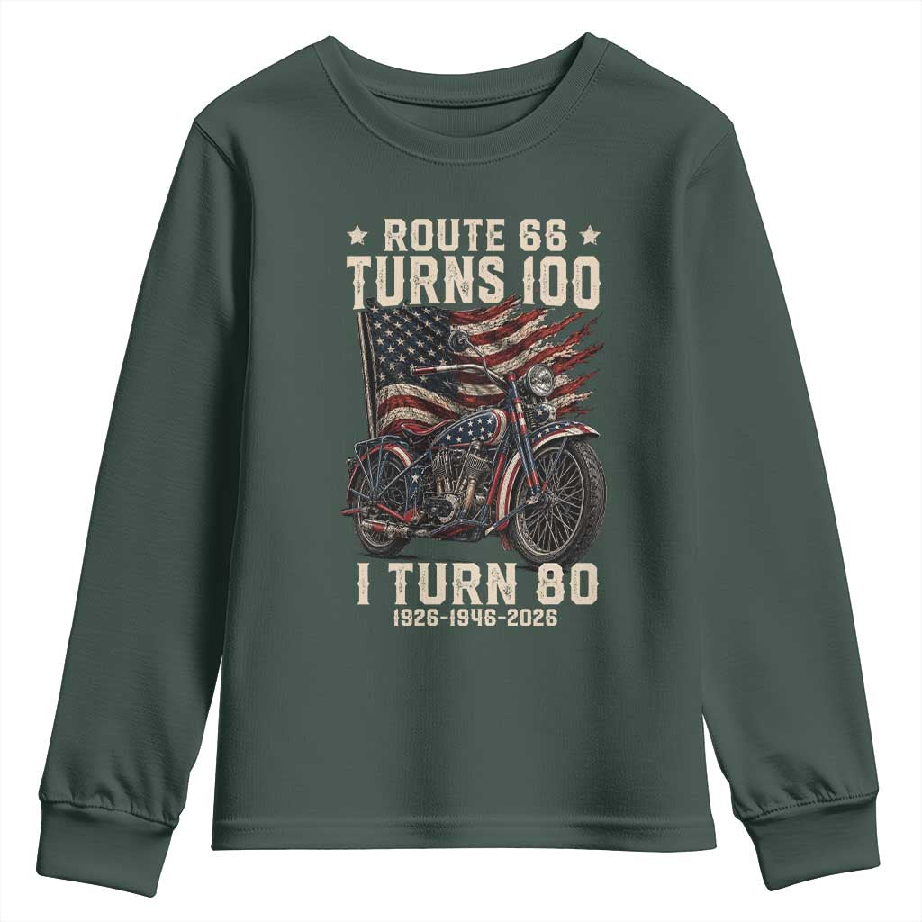 Route Highway 66 Turns 100 I Turn 80 Youth Sweatshirt Vintage 1946 American Classic V-Twin Motorcycle Lover 80th Birthday Gift