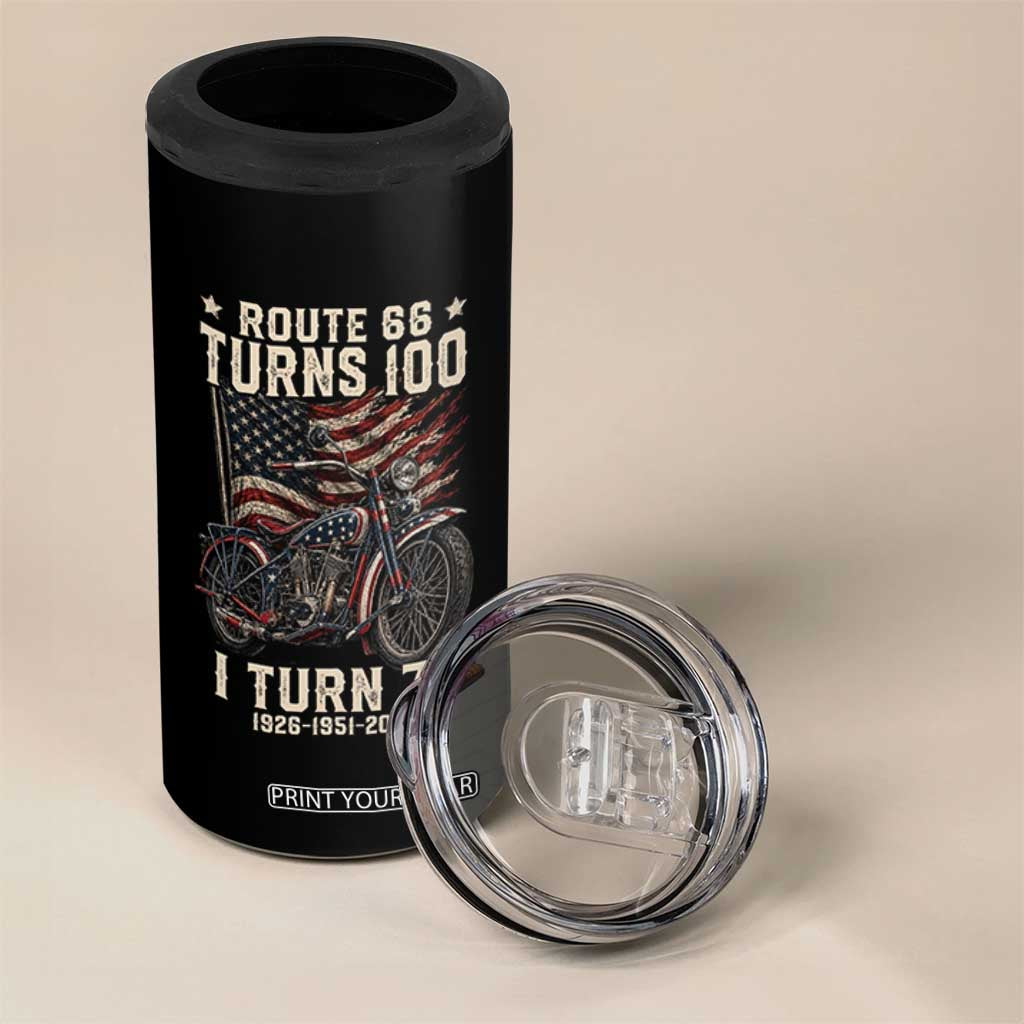 Route Highway 66 Turns 100 I Turn 75 4 in 1 Can Cooler Tumbler Vintage 1951 American Classic V-Twin Motorcycle Lover 75th Birthday Gift