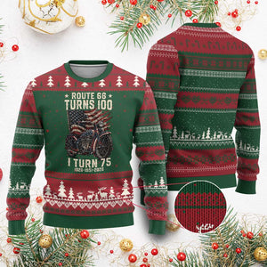 Route Highway 66 Turns 100 I Turn 75 Ugly Christmas Sweater Vintage 1951 American Classic V-Twin Motorcycle Lover 75th Birthday Gift