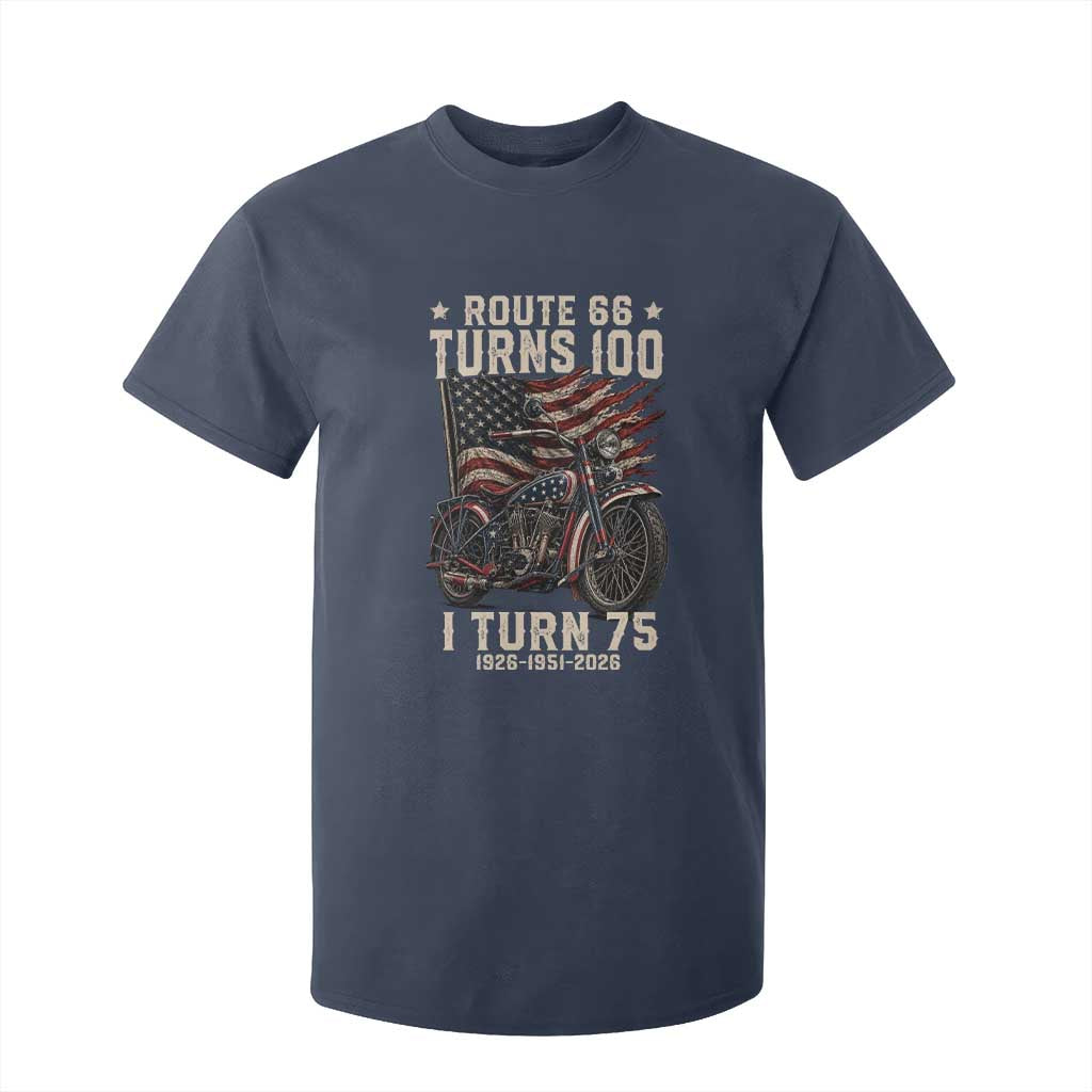 Route Highway 66 Turns 100 I Turn 75 T Shirt For Kid Vintage 1951 American Classic V-Twin Motorcycle Lover 75th Birthday Gift