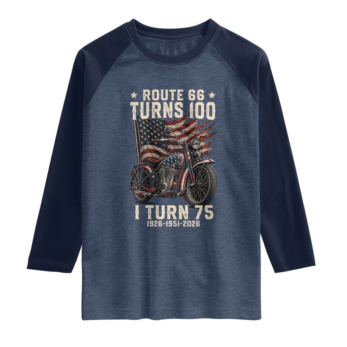Route Highway 66 Turns 100 I Turn 75 Raglan Shirt Vintage 1951 American Classic V-Twin Motorcycle Lover 75th Birthday Gift