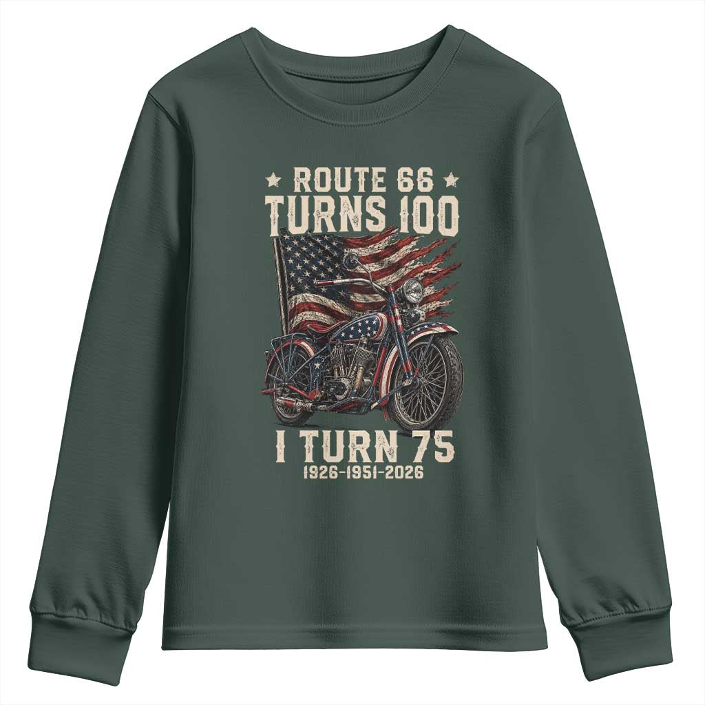 Route Highway 66 Turns 100 I Turn 75 Youth Sweatshirt Vintage 1951 American Classic V-Twin Motorcycle Lover 75th Birthday Gift