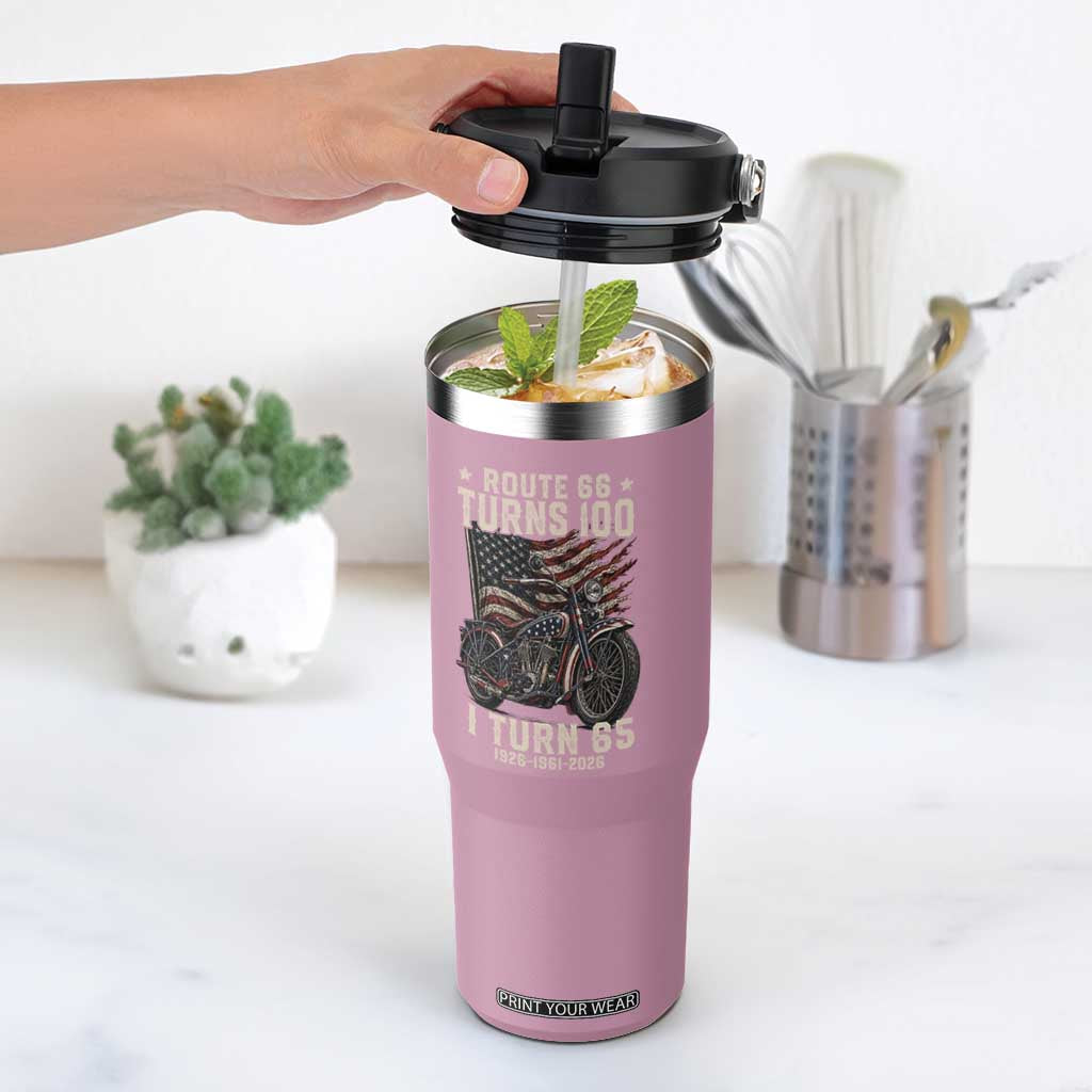 Route Highway 66 Turns 100 I Turn 65 Flip Straw Tumbler Vintage 1961 American Classic V-Twin Motorcycle Lover 65th Birthday Gift