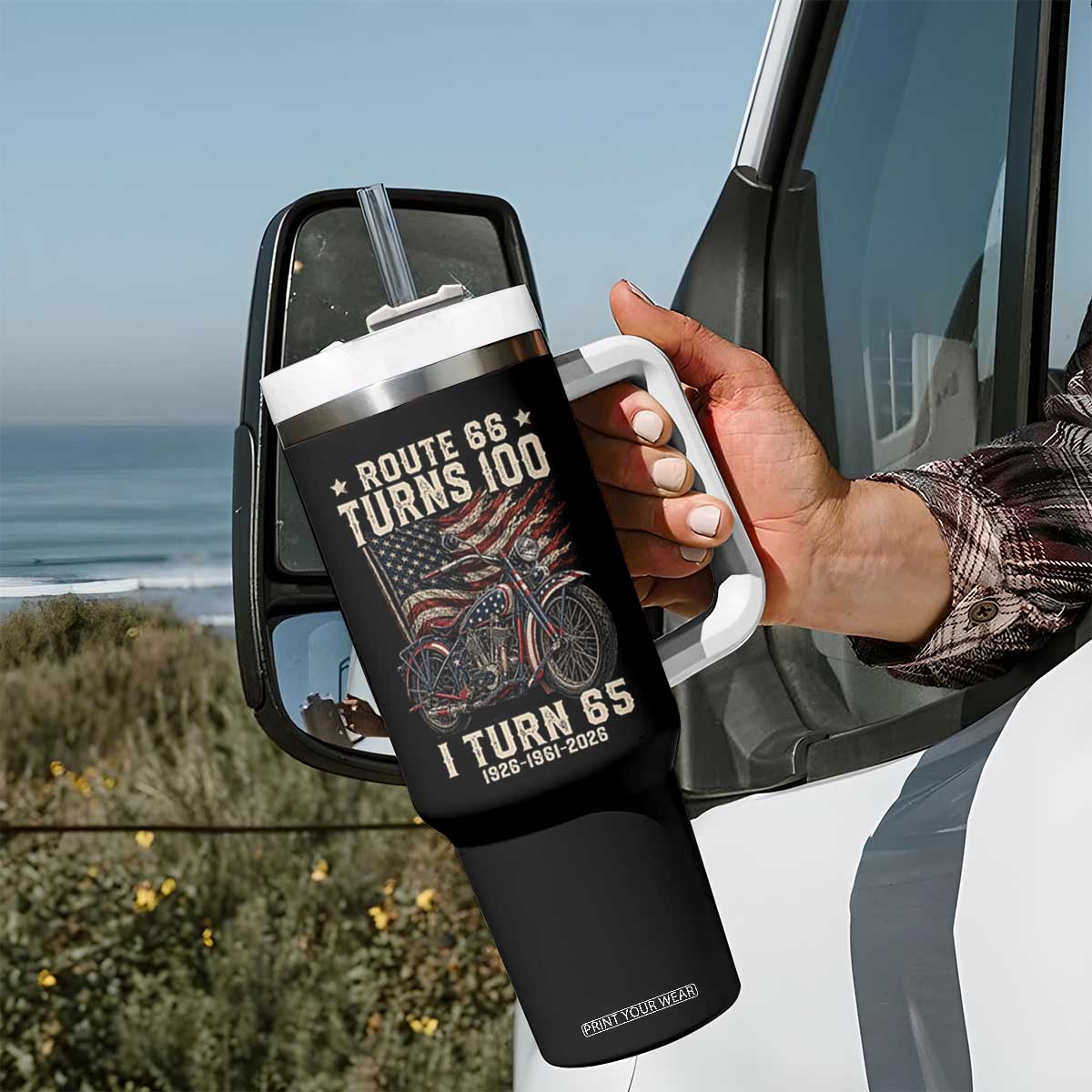Route Highway 66 Turns 100 I Turn 65 Tumbler With Handle Vintage 1961 American Classic V-Twin Motorcycle Lover 65th Birthday Gift