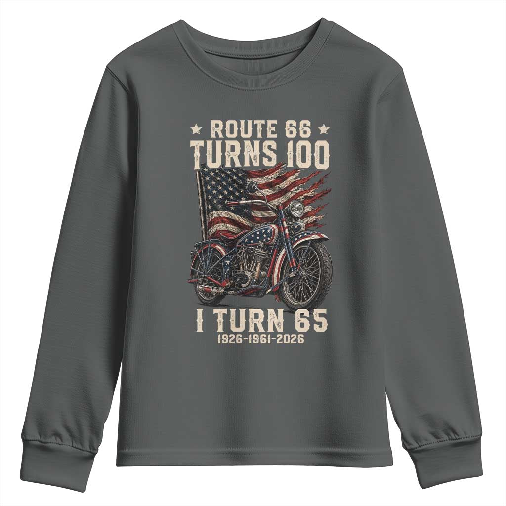 Route Highway 66 Turns 100 I Turn 65 Youth Sweatshirt Vintage 1961 American Classic V-Twin Motorcycle Lover 65th Birthday Gift