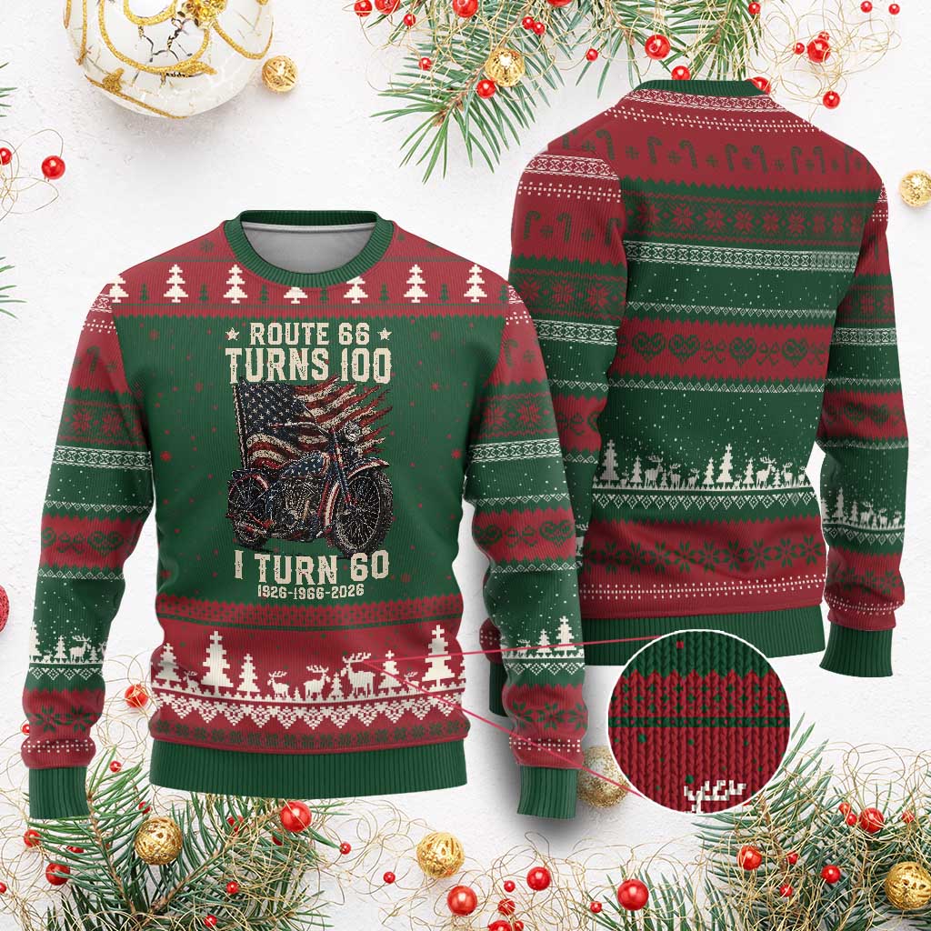 Route Highway 66 Turns 100 I Turn 60 Ugly Christmas Sweater Vintage 1966 American Classic V-Twin Motorcycle Lover 60th Birthday Gift