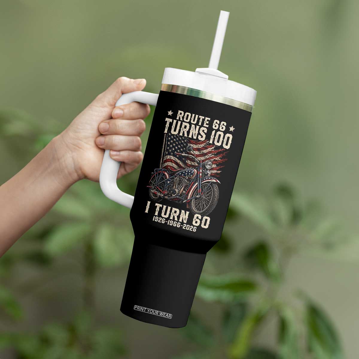 Route Highway 66 Turns 100 I Turn 60 Tumbler With Handle Vintage 1966 American Classic V-Twin Motorcycle Lover 60th Birthday Gift