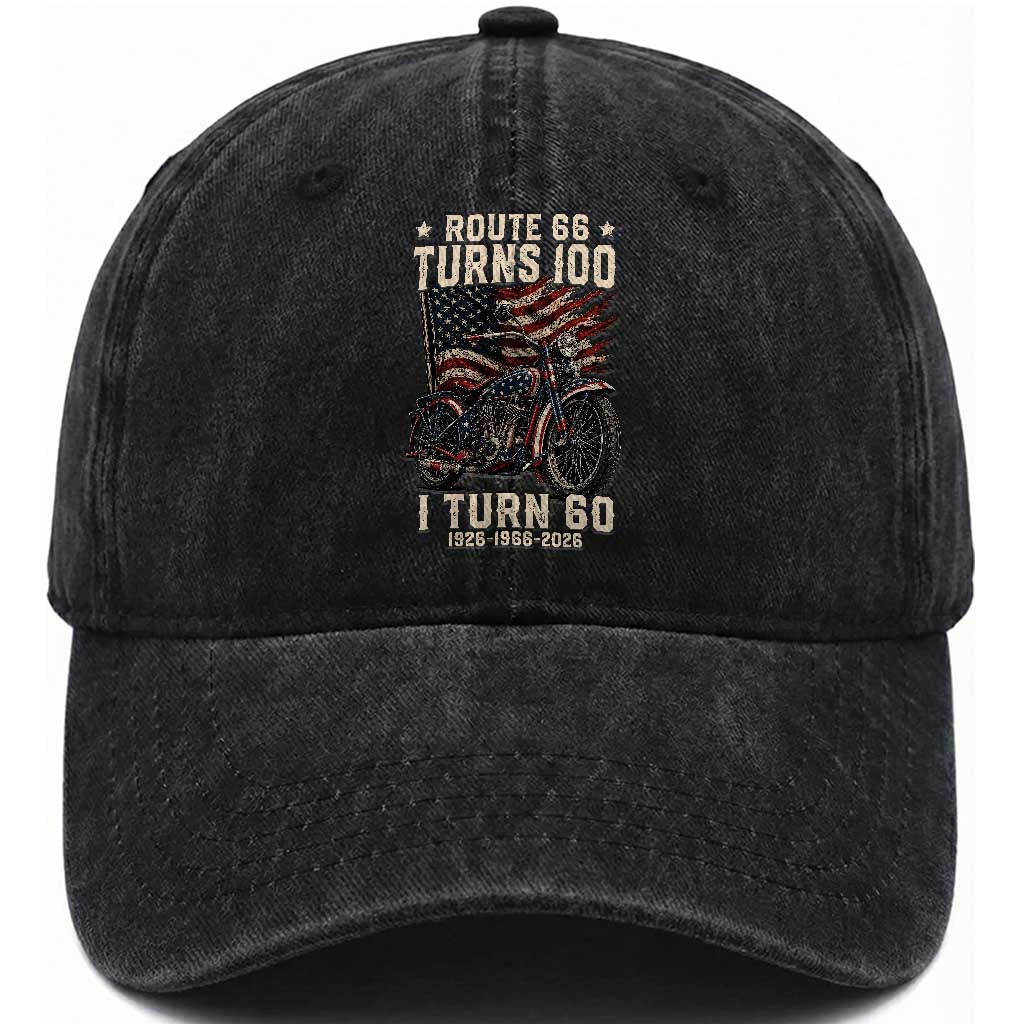 Route Highway 66 Turns 100 I Turn 60 Washed Cotton Baseball Cap Vintage 1966 American Classic V-Twin Motorcycle Lover 60th Birthday Gift TS14 Print Your Wear
