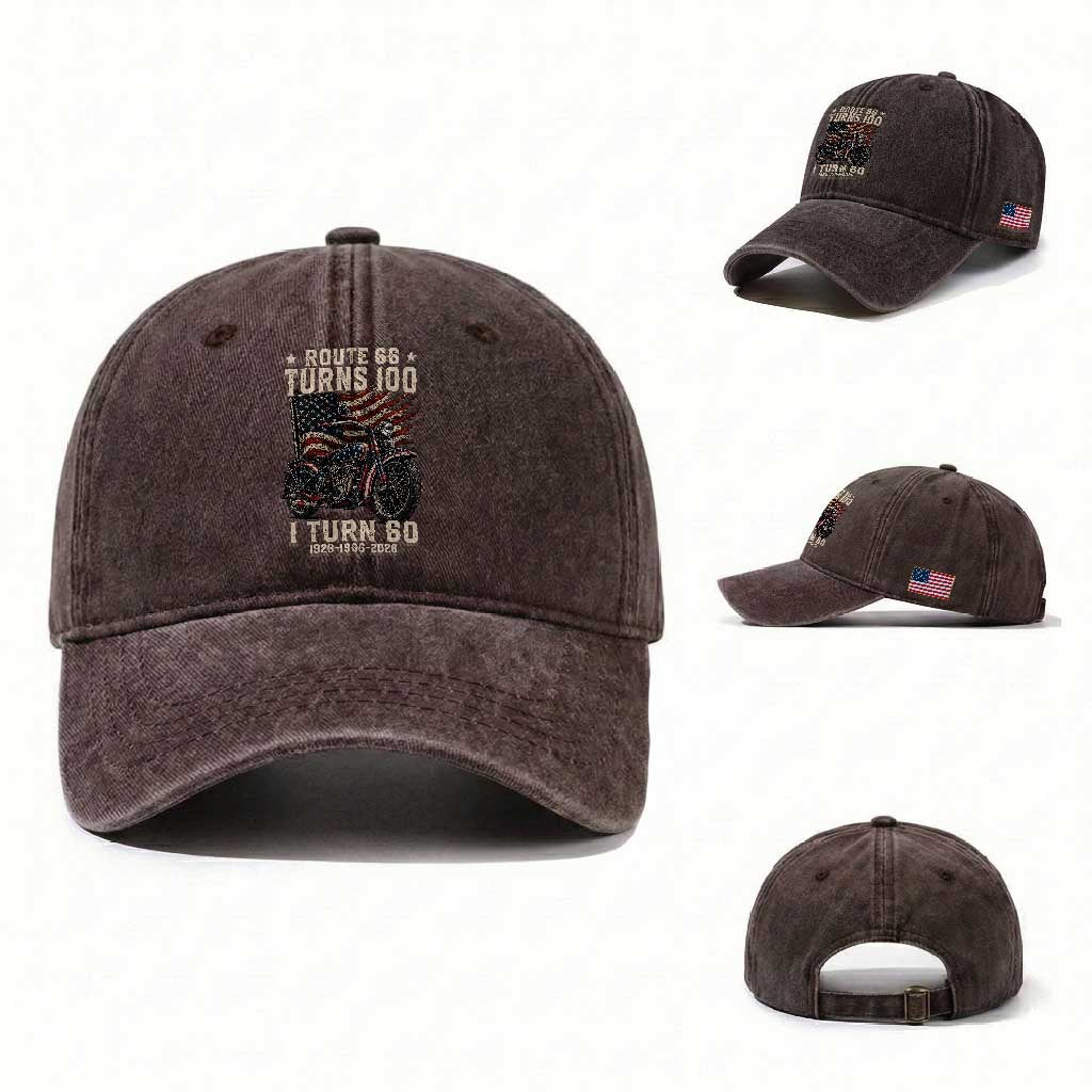 Route Highway 66 Turns 100 I Turn 60 Washed Cotton Baseball Cap Vintage 1966 American Classic V-Twin Motorcycle Lover 60th Birthday Gift