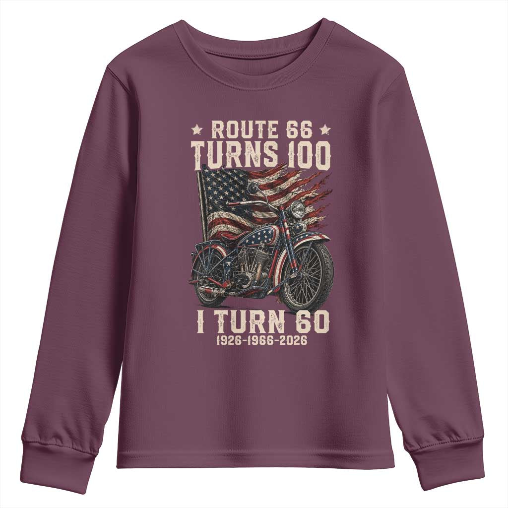 Route Highway 66 Turns 100 I Turn 60 Youth Sweatshirt Vintage 1966 American Classic V-Twin Motorcycle Lover 60th Birthday Gift