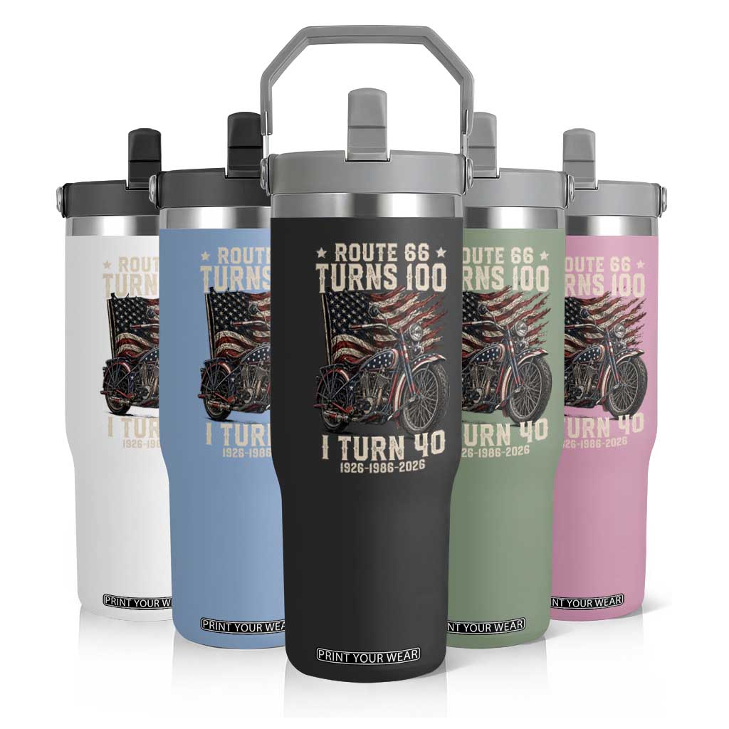 Route Highway 66 Turns 100 I Turn 40 Flip Straw Tumbler Vintage 1986 American Classic V-Twin Motorcycle Lover 40th Birthday Gift