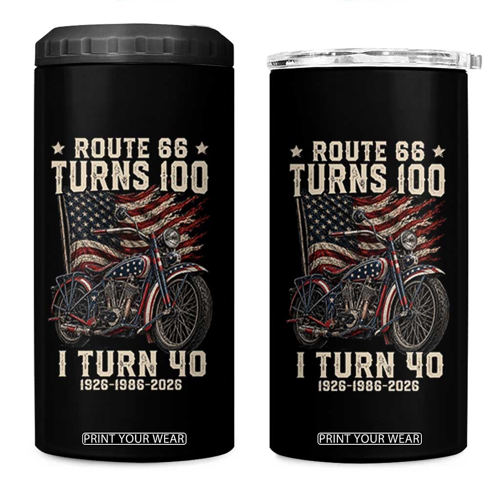 Route Highway 66 Turns 100 I Turn 40 4 in 1 Can Cooler Tumbler Vintage 1986 American Classic V-Twin Motorcycle Lover 40th Birthday Gift