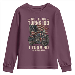 Route Highway 66 Turns 100 I Turn 40 Youth Sweatshirt Vintage 1986 American Classic V-Twin Motorcycle Lover 40th Birthday Gift