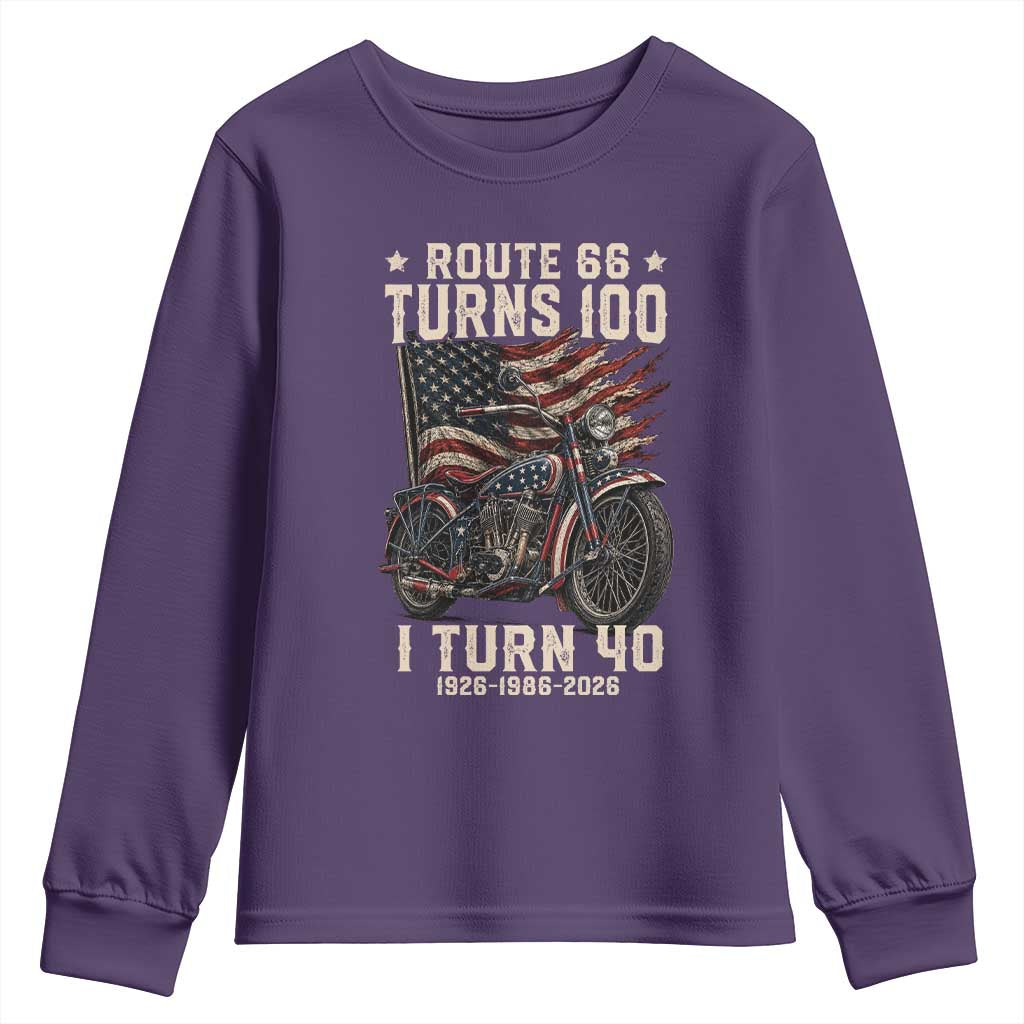 Route Highway 66 Turns 100 I Turn 40 Youth Sweatshirt Vintage 1986 American Classic V-Twin Motorcycle Lover 40th Birthday Gift