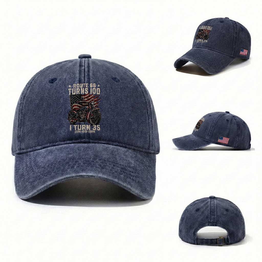 Route Highway 66 Turns 100 I Turn 35 Washed Cotton Baseball Cap Vintage 1991 American Clasic V-Twin Motorcycle Lover 35th Birthday Gift