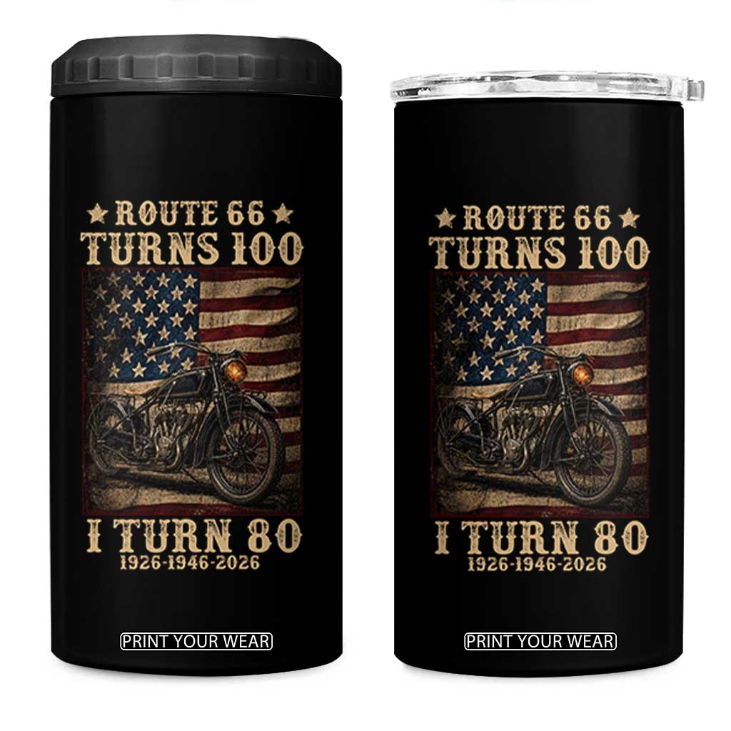 Route Highway 66 Turns 100 I Turn 80 4 in 1 Can Cooler Tumbler Vintage 1946 American Motorcycle Lover 80th Birthday Gift