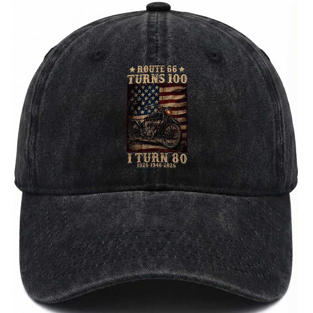 Route Highway 66 Turns 100 I Turn 80 Washed Cotton Baseball Cap Vintage 1946 American Motorcycle Lover 80th Birthday Gift TS14 Print Your Wear