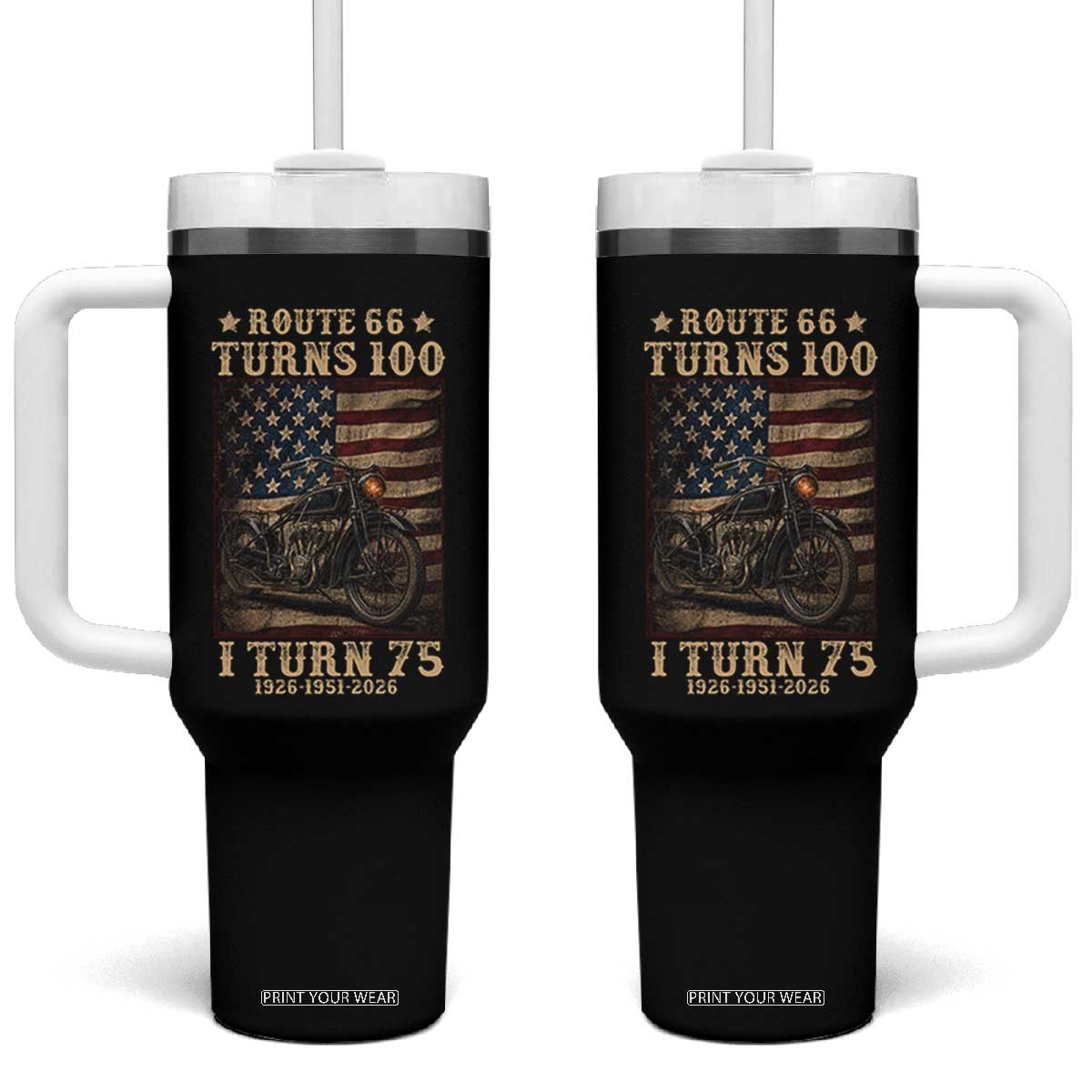 Route Highway 66 Turns 100 I Turn 75 Tumbler With Handle Vintage 1951 American Motorcycle Lover 75th Birthday Gift