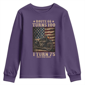Route Highway 66 Turns 100 I Turn 75 Youth Sweatshirt Vintage 1951 American Motorcycle Lover 75th Birthday Gift