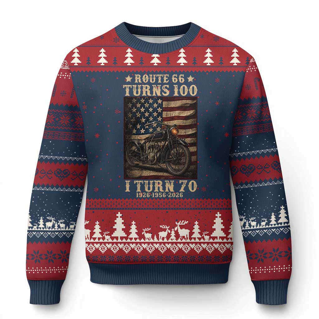 Route Highway 66 Turns 100 I Turn 70 Ugly Christmas Sweater Vintage 1956 American Motorcycle Lover 70th Birthday Gift