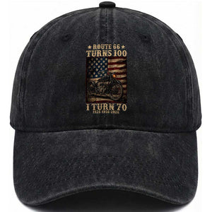 Route Highway 66 Turns 100 I Turn 70 Washed Cotton Baseball Cap Vintage 1956 American Motorcycle Lover 70th Birthday Gift