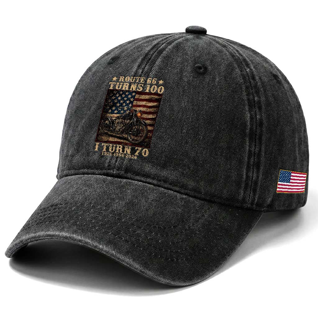 Route Highway 66 Turns 100 I Turn 70 Washed Cotton Baseball Cap Vintage 1956 American Motorcycle Lover 70th Birthday Gift