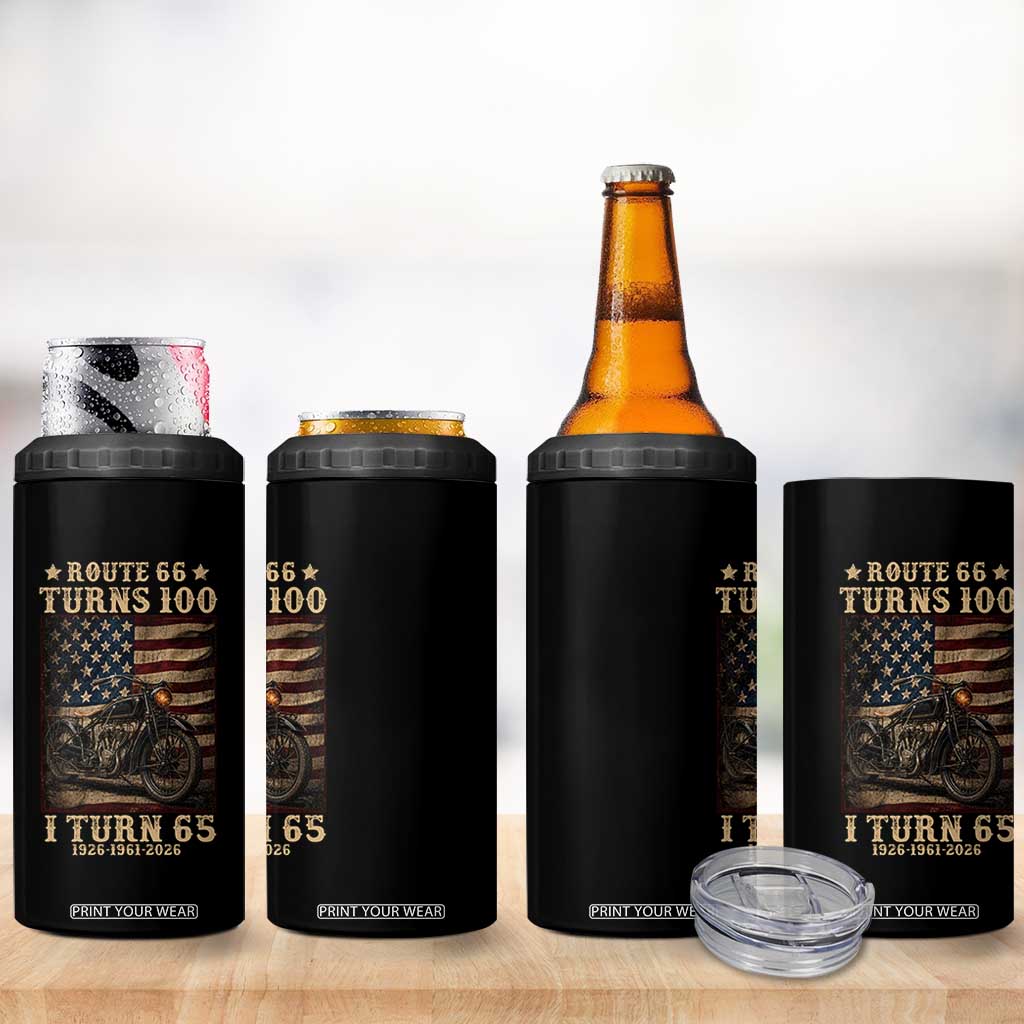 Route Highway 66 Turns 100 I Turn 65 4 in 1 Can Cooler Tumbler Vintage 1961 American Motorcycle Lover 65th Birthday Gift