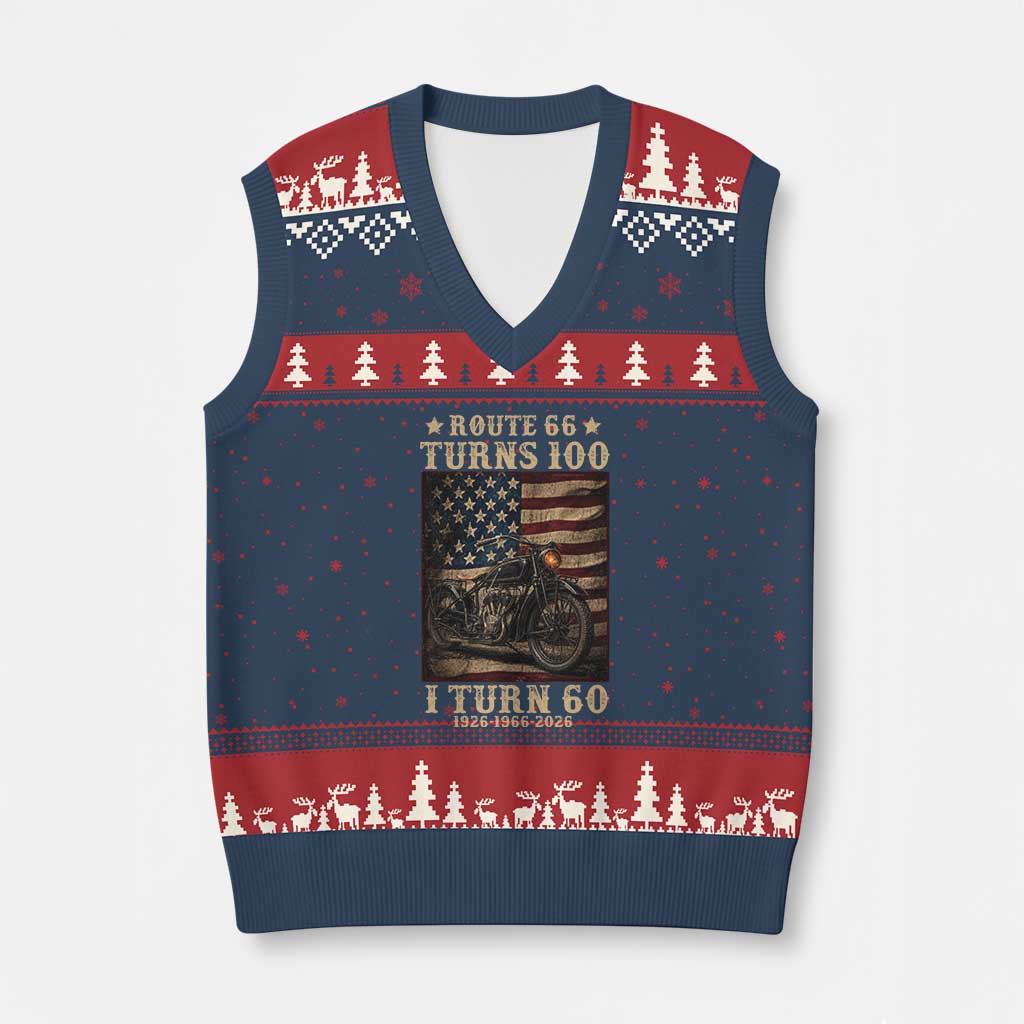 Route Highway 66 Turns 100 I Turn 60 V-Neck Knit Sweater Vest Vintage 1966 American Motorcycle Lover 60th Birthday Gift