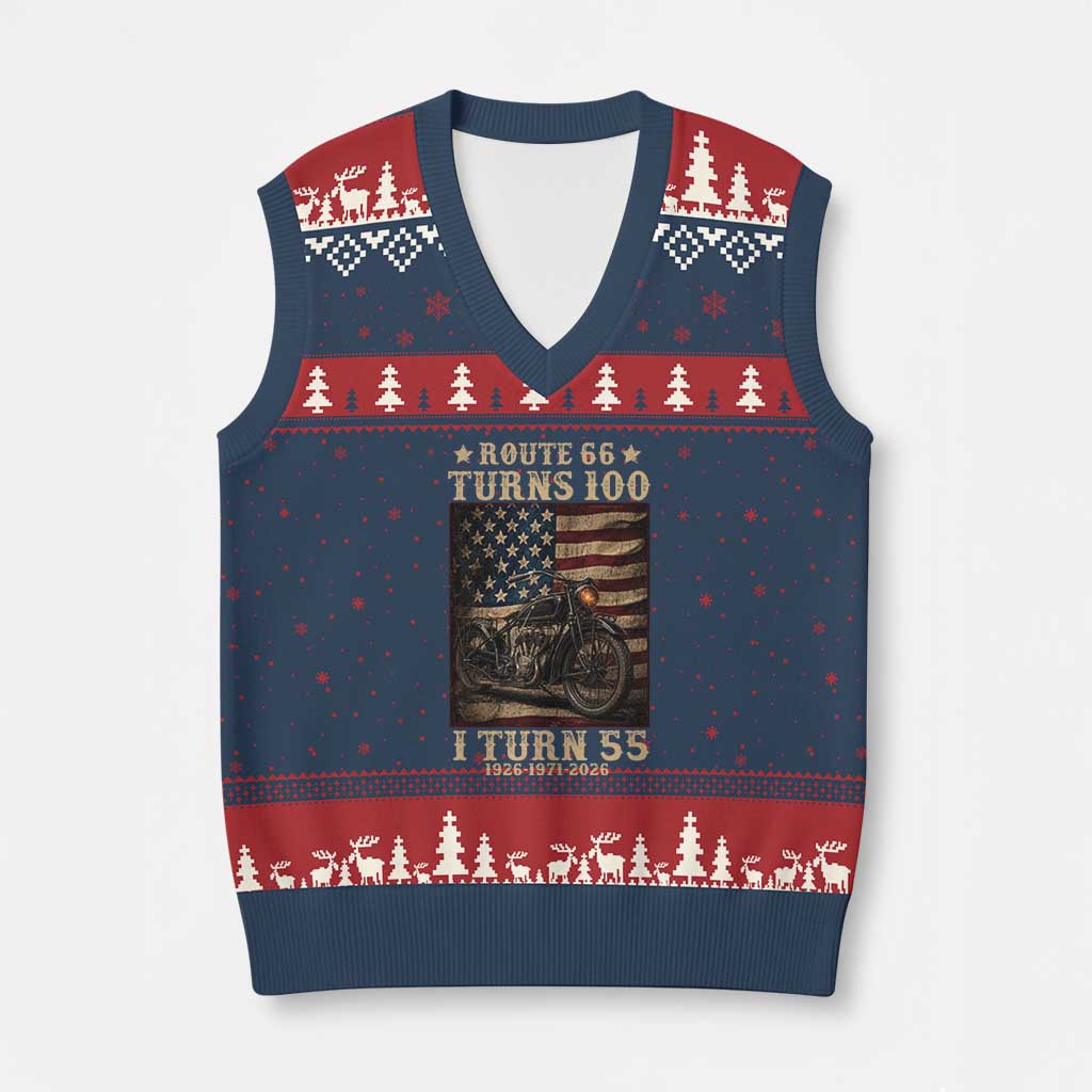 Route Highway 66 Turns 100 I Turn 55 V-Neck Knit Sweater Vest Vintage 1971 American Motorcycle Lover 55th Birthday Gift